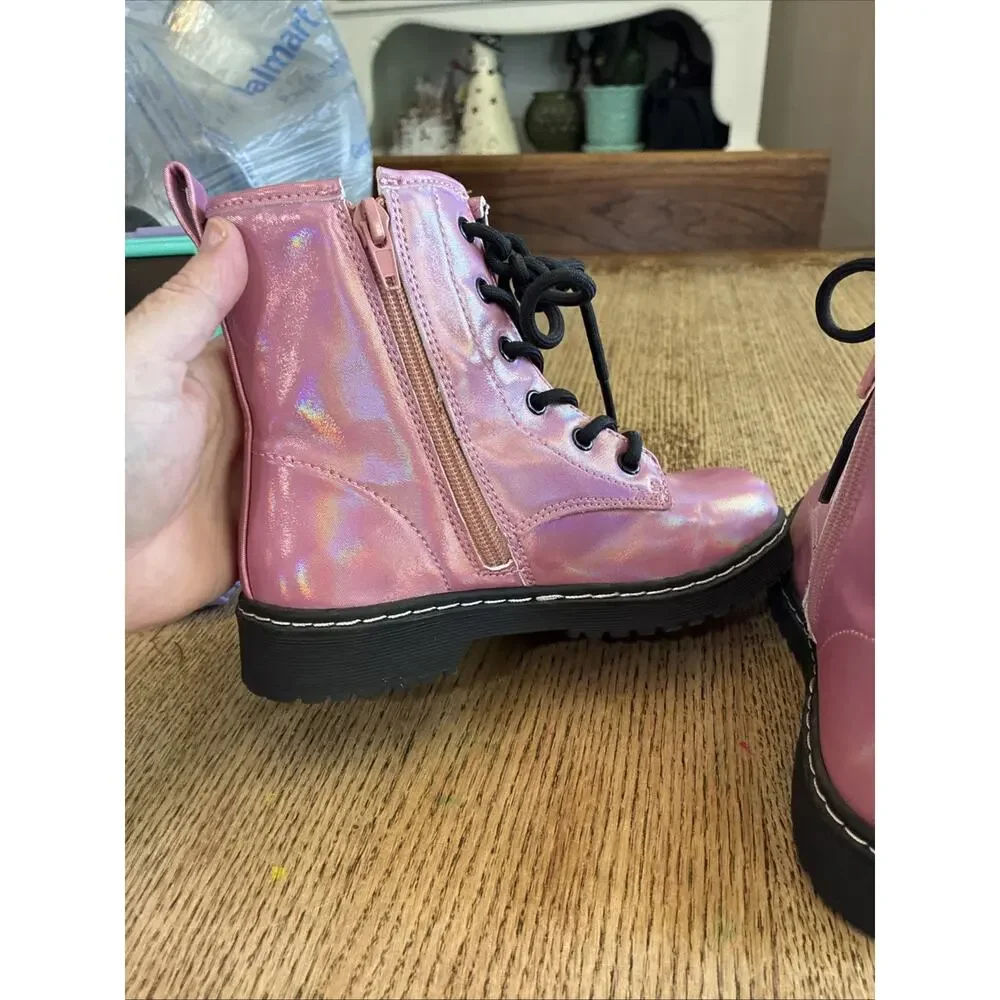 Sugar Girls 13 SGK Jazzy Pink Sparkle Shimmer Lace Up Side Zipper Combat Boot
